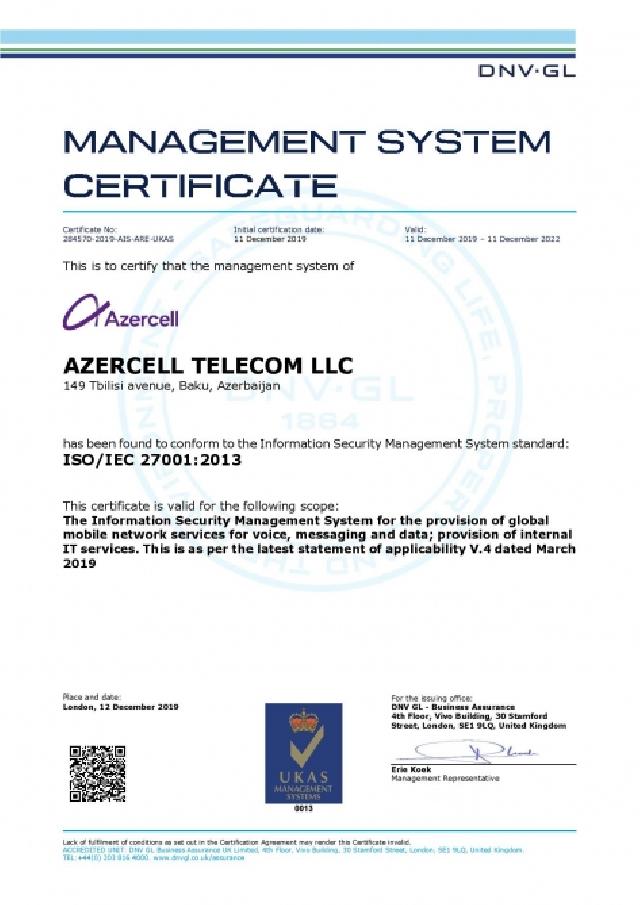 “Azercell”  ISO beynəlxalq sertifikatını alan ilk mobil operator oldu