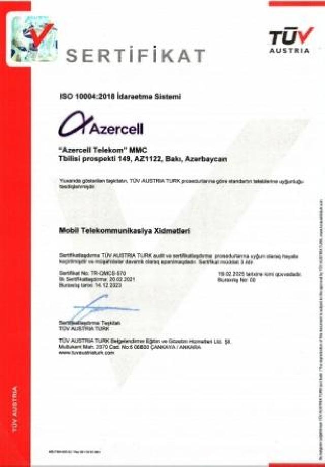 “Azercell” keyfiyyətin idarə olunması üzrə beynəlxalq sertifikata layiq görülüb