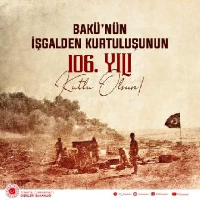 Türkiyə XİN-i Bakının işğaldan azad olunmasının ildönümü münasibətilə xalqımızı təbrik edib